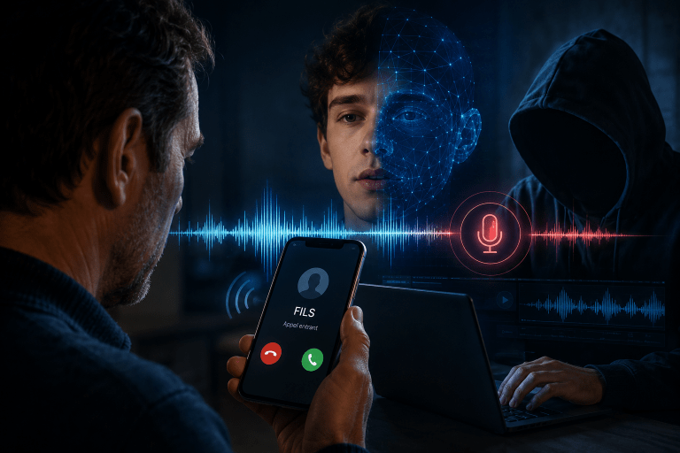 Illustration d'une arnaque utilisant l'intelligence artificielle et le clonage de voix