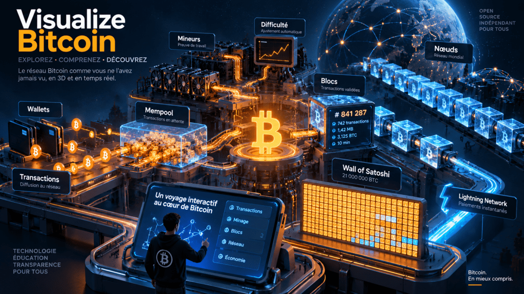 Visualize Bitcoin représente le fonctionnement du réseau Bitcoin sous forme de machine 3D interactive