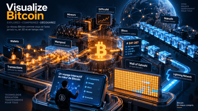 Visualize Bitcoin représente le fonctionnement du réseau Bitcoin sous forme de machine 3D interactive